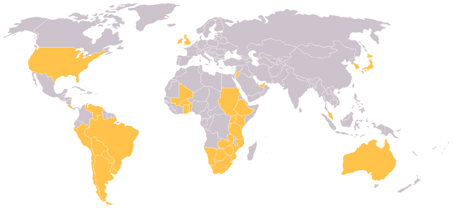 世界地図 オレンジ色が訪問国(未訪問の飛び地・離島は着色せず)